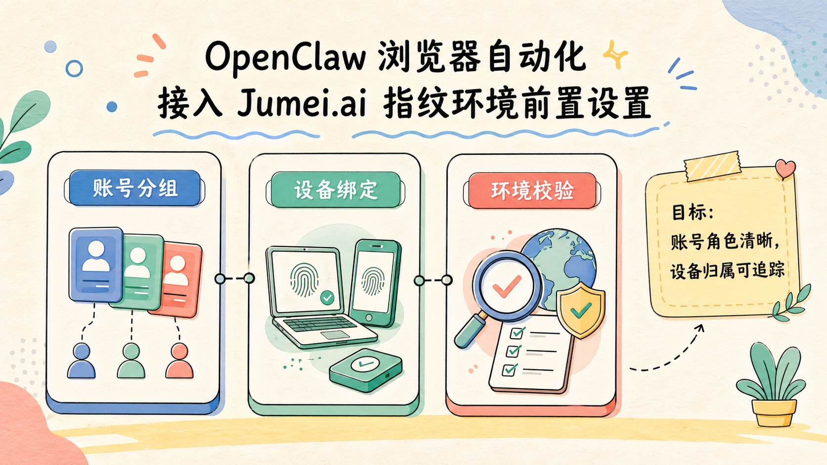 Part 1 explanatory illustration showing 开始前先把前置条件对齐：OpenClaw 指纹浏览器接入前检查