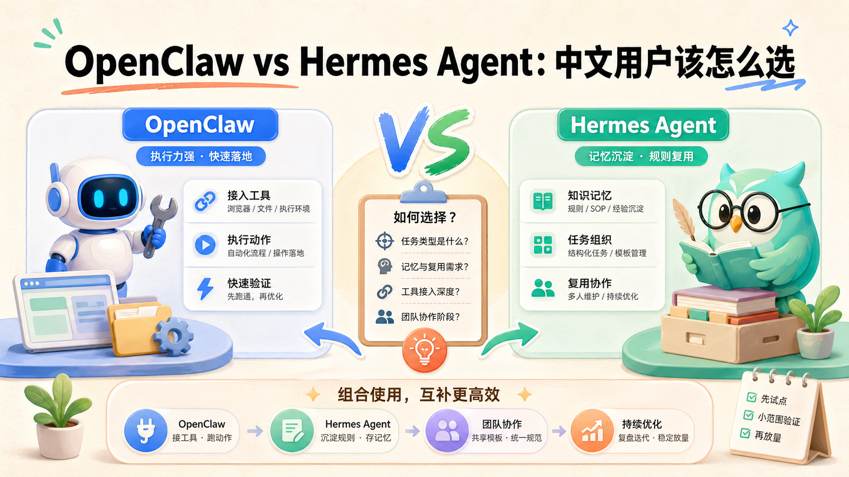 Cover illustration for OpenClaw vs Hermes Agent
