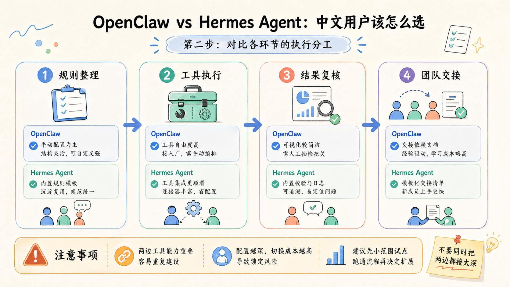 Part 2 explanatory illustration showing OpenClaw vs Hermes Agent：先看两者到底差在哪