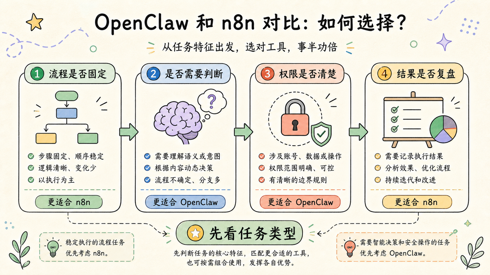 Part 1 explanatory illustration showing 先说结论：OpenClaw 和 n8n 对比该怎么判断