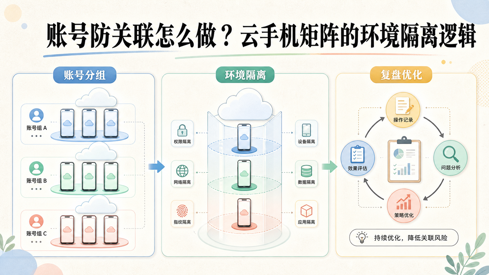 Cover illustration for 账号防关联怎么做？云手机矩阵的环境隔离逻辑