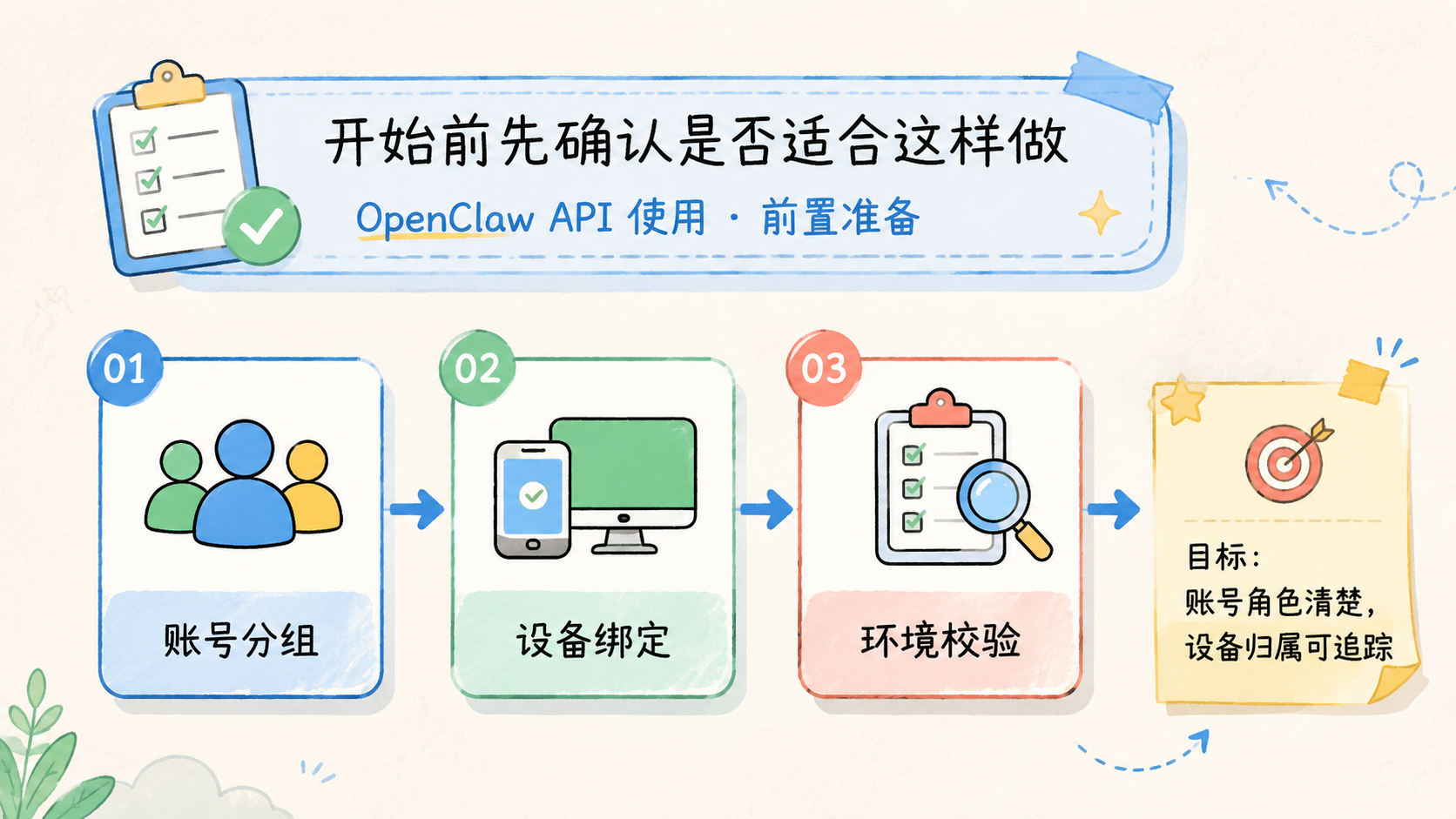 Part 1 explanatory illustration showing 开始前先确认是否适合这样做 and OpenClaw API 使用