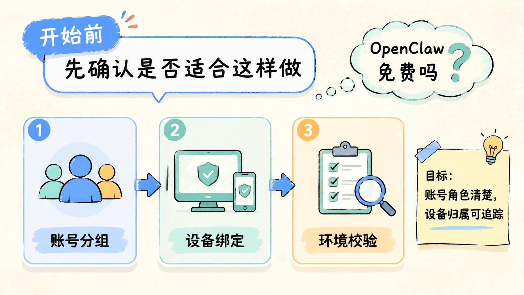 Part 1 explanatory illustration showing 开始前先确认是否适合这样做 and OpenClaw 免费吗