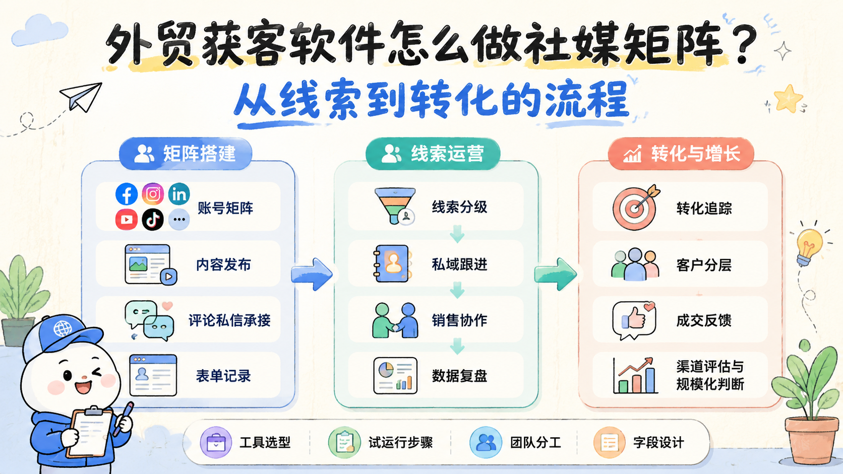 Cover illustration for 外贸获客软件怎么做社媒矩阵？从线索到转化的流程
