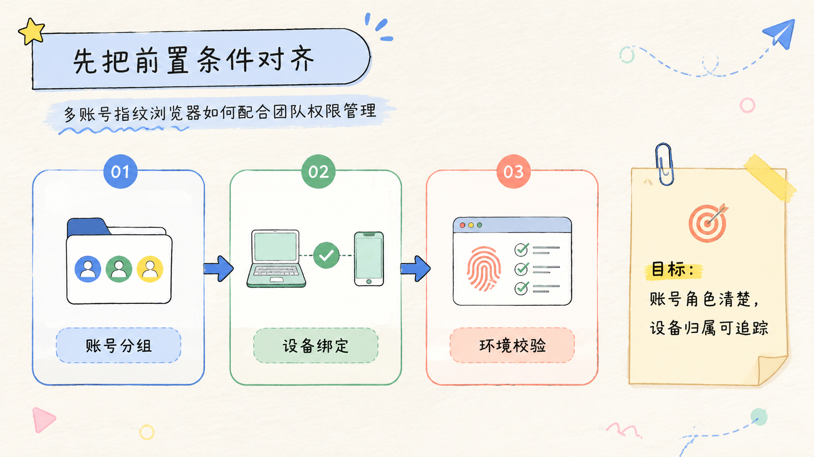 Part 1 explanatory illustration showing 先把前置条件对齐：多账号指纹浏览器如何配合团队权限管理