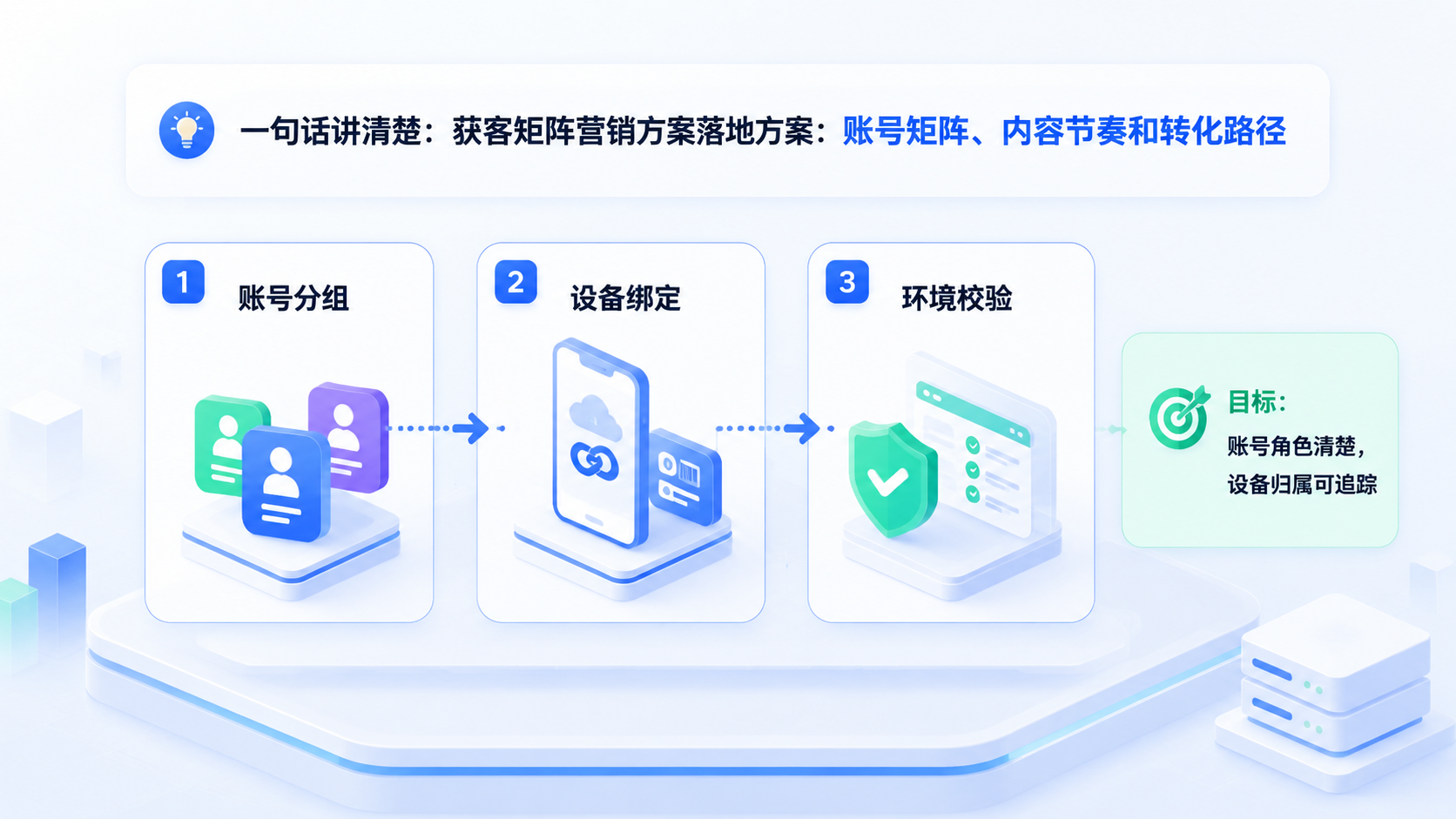 Part 1 explanatory illustration showing 先用一句话讲清楚获客矩阵营销方案落地方案:账号矩阵、内容节奏和转化路径
