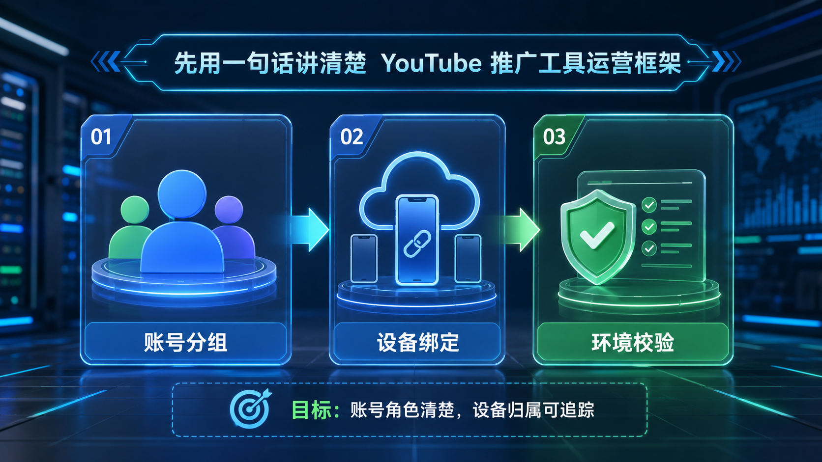 Part 1 explanatory illustration showing 先用一句话讲清楚 YouTube 推广工具运营框架