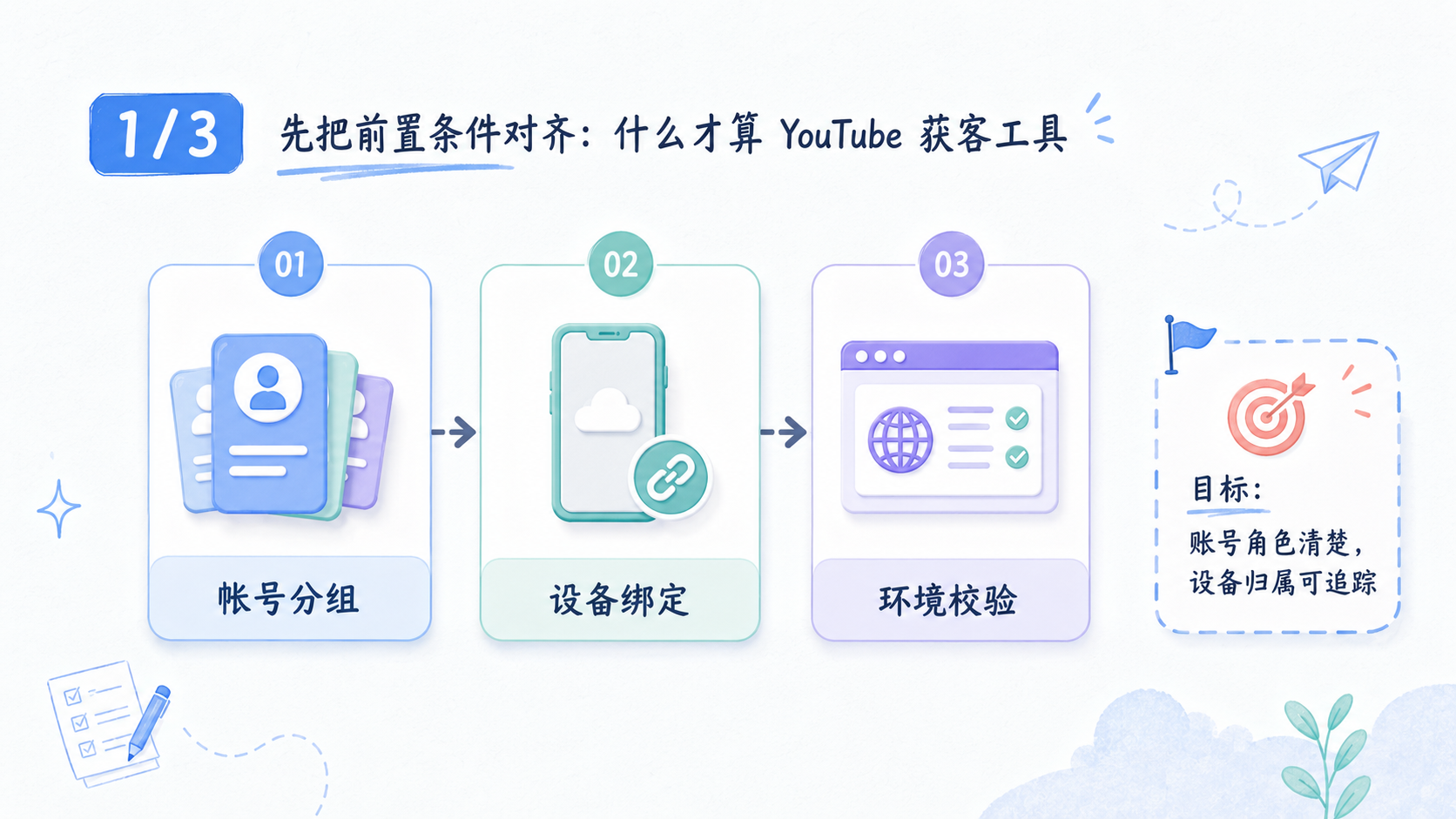 Part 1 explanatory illustration showing 先把前置条件对齐:什么才算 YouTube 获客工具