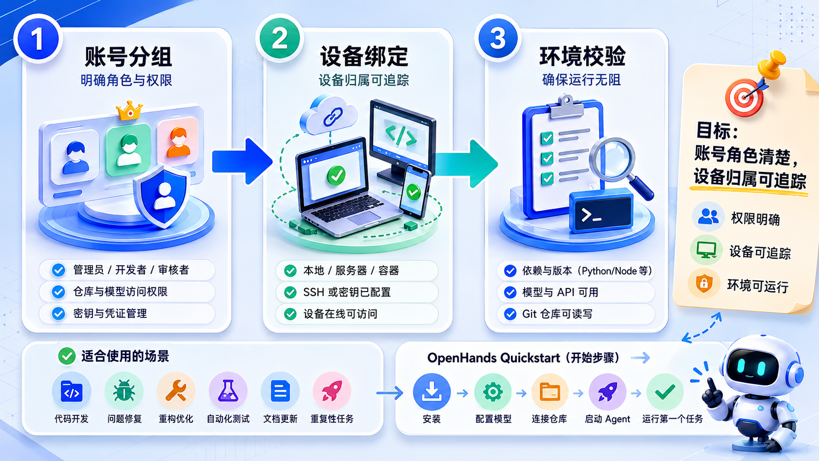 Part 1 explanatory illustration showing 开始前先确认是否适合这样做,以及 OpenHands Quickstart