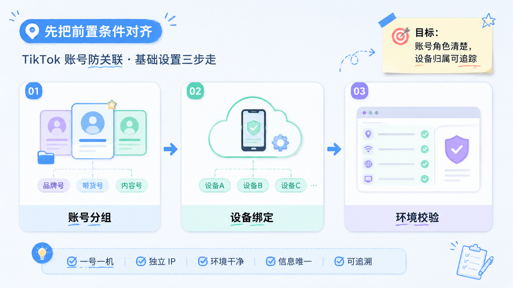 Part 1 explanatory illustration showing 先把前置条件对齐 and TikTok 账号防关联