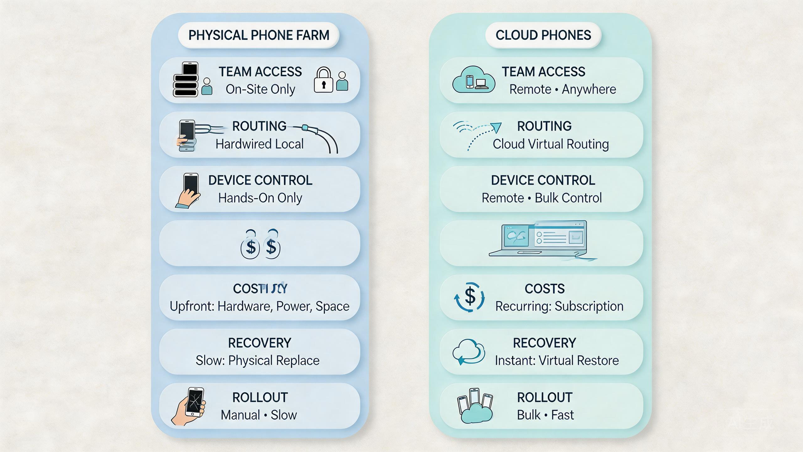 Explanatory illustration showing What to Compare Before Choosing cloud phone vs physical phone farm