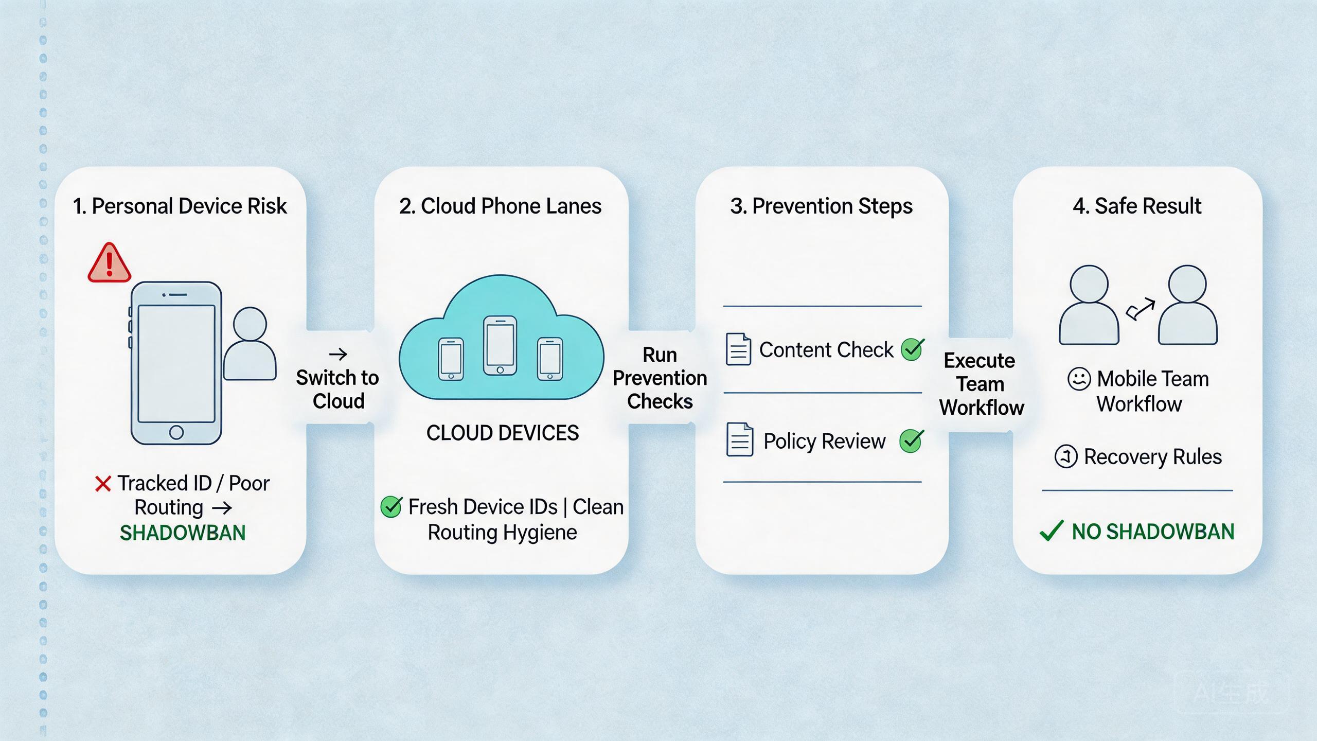 Explanatory illustration showing The Core Idea Behind Cloud Phones for Shadowban Prevention