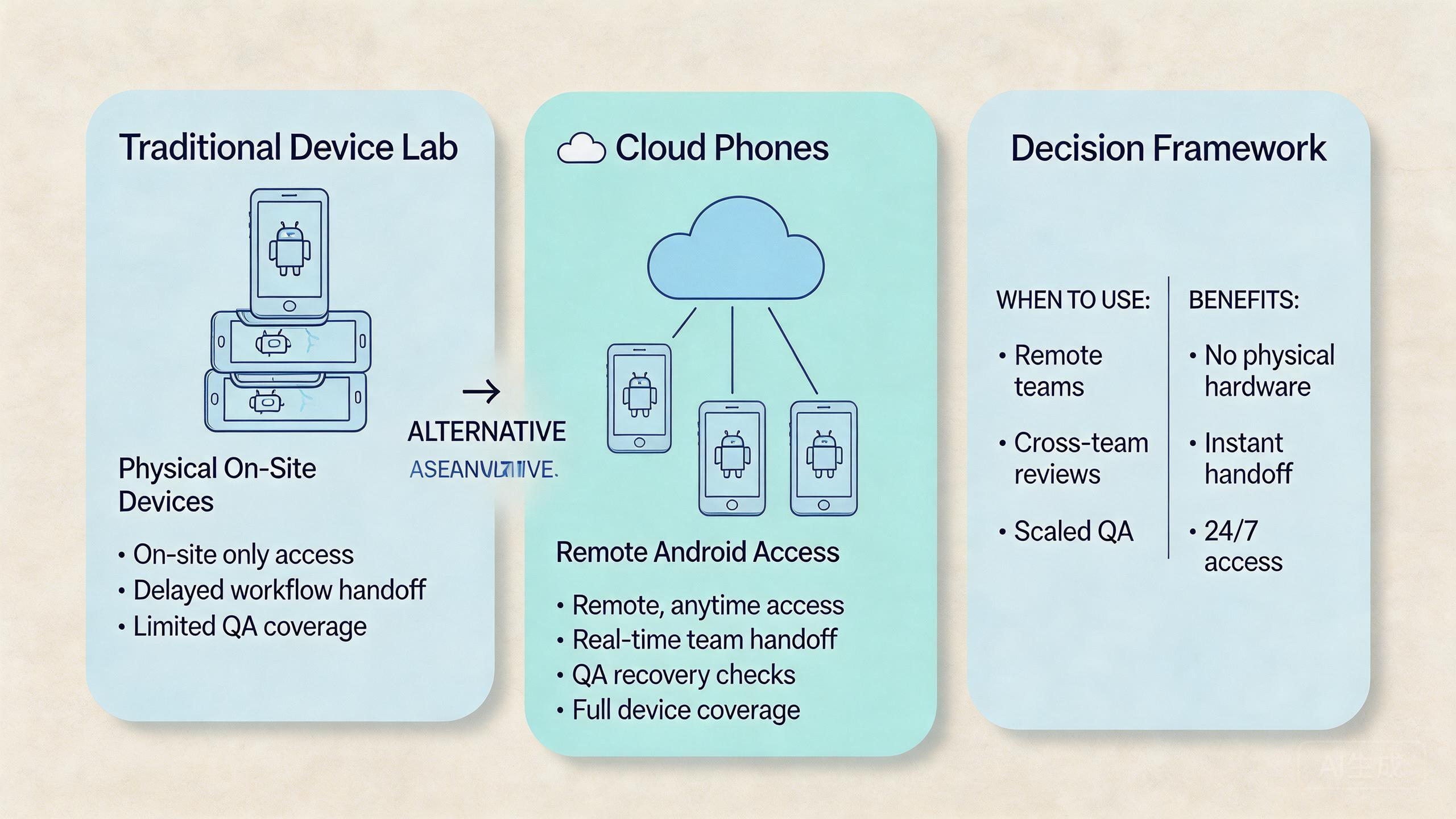 Explanatory illustration showing A practical comparison framework for device lab alternative decisions